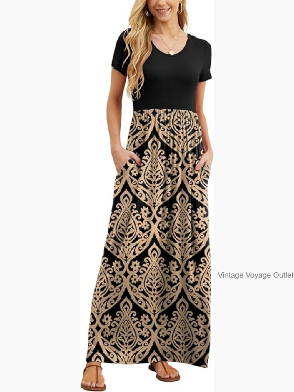 Women Summer Casual Maxi Long Dress Short Sleeve Crew Neck with Pockets - Picture 1 of 7